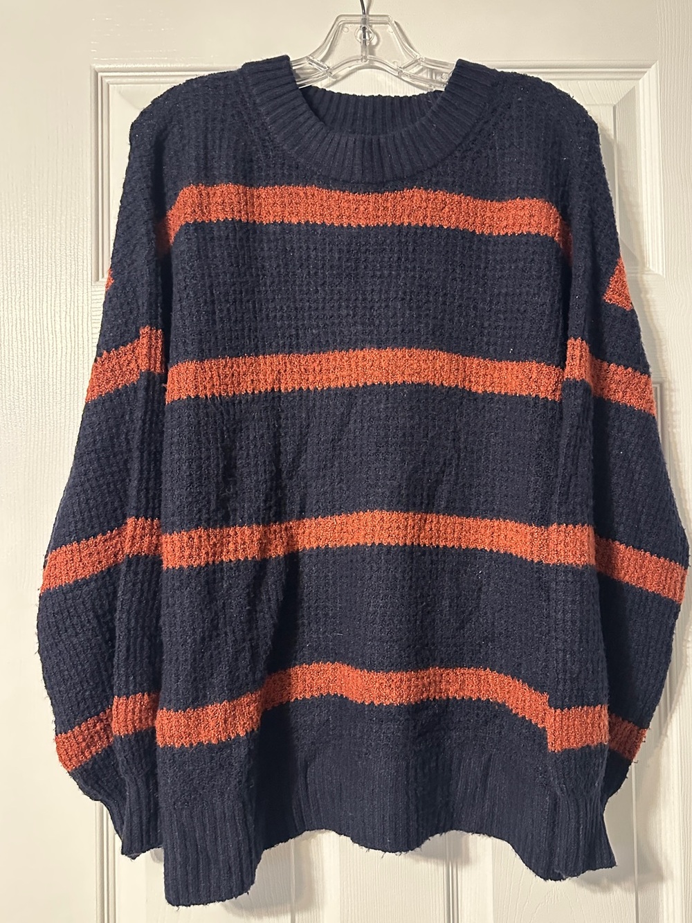 American Eagle Outfitters Navy Crewneck Sweater with Orange Stripes